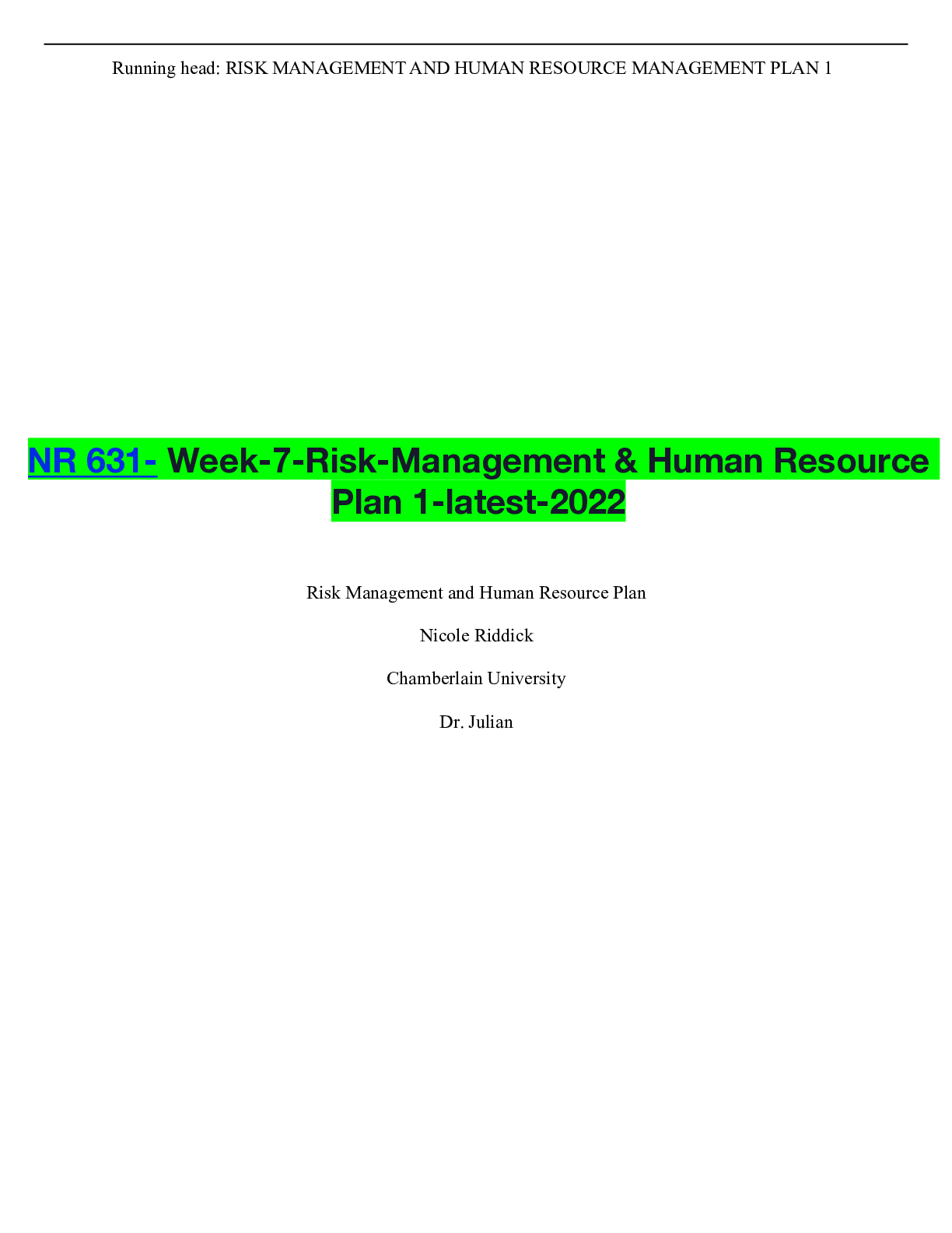 Preview of NR 631- Week-7-Risk-Management & Human Resource Plan 1-latest-2022